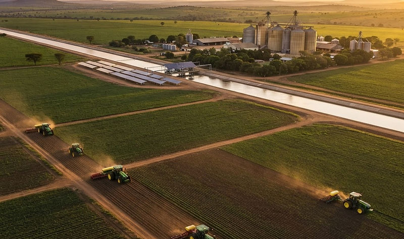Irrigated agricultural landscape at golden hour