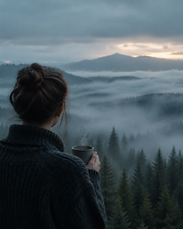 Someone in a wool sweater holding a steaming mug above a foggy valley