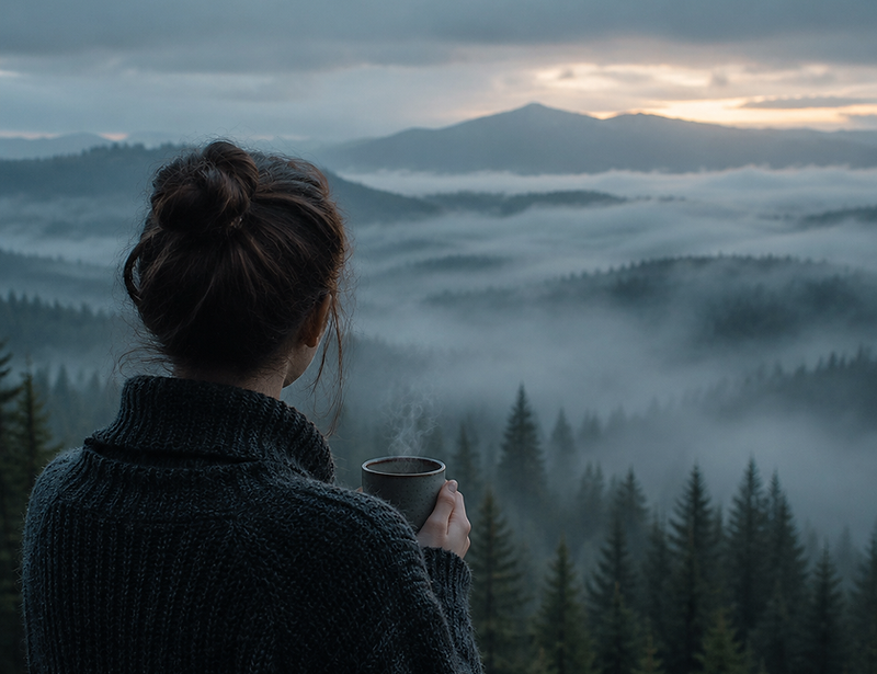 Fog rolling over a forested valley at dawn