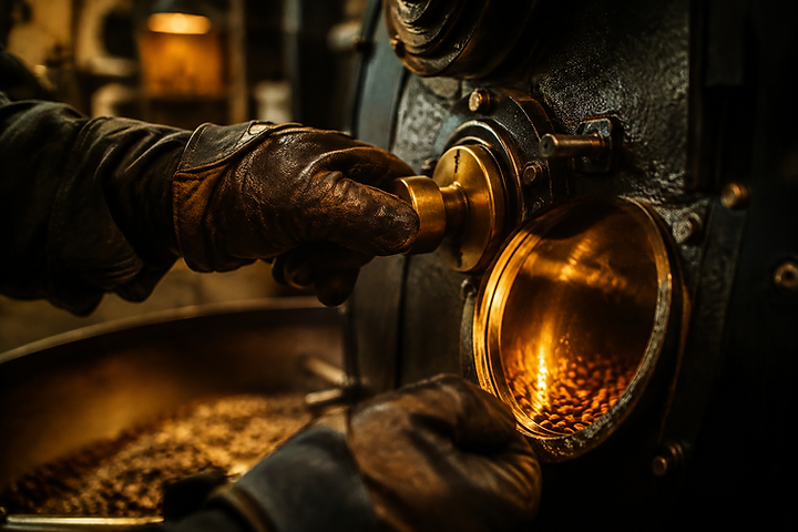 A roaster turning the dial on an industrial coffee roaster