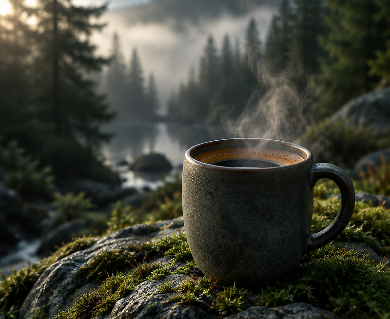 Steaming mug of black coffee on mossy granite beside a misty pine forest