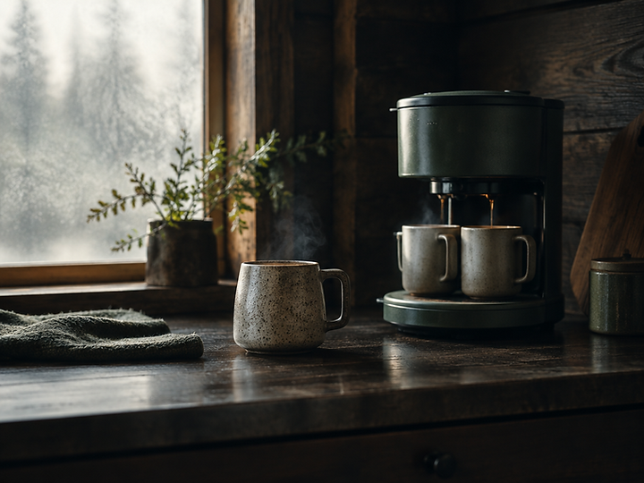 A stoneware mug and a two cup drip coffee maker on a cabin counter