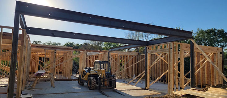 Steel canopy frame on a job site, fabricated by RF Iron Works