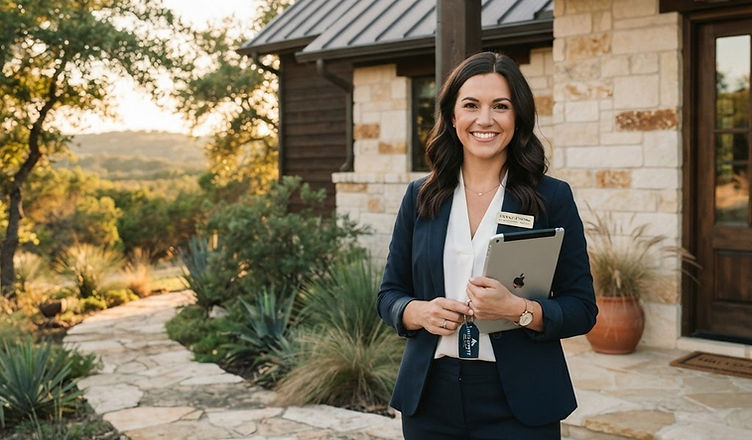 Austin real estate agent on the porch of a Hill Country home