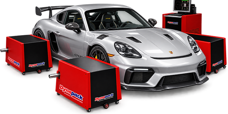 A Porsche GT4 on a Dynapack hub-drive chassis dynamometer