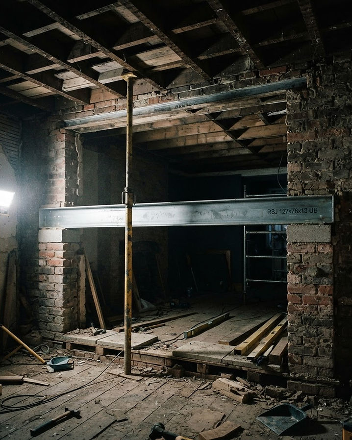 Newly installed steel beam spanning an opened-up wall