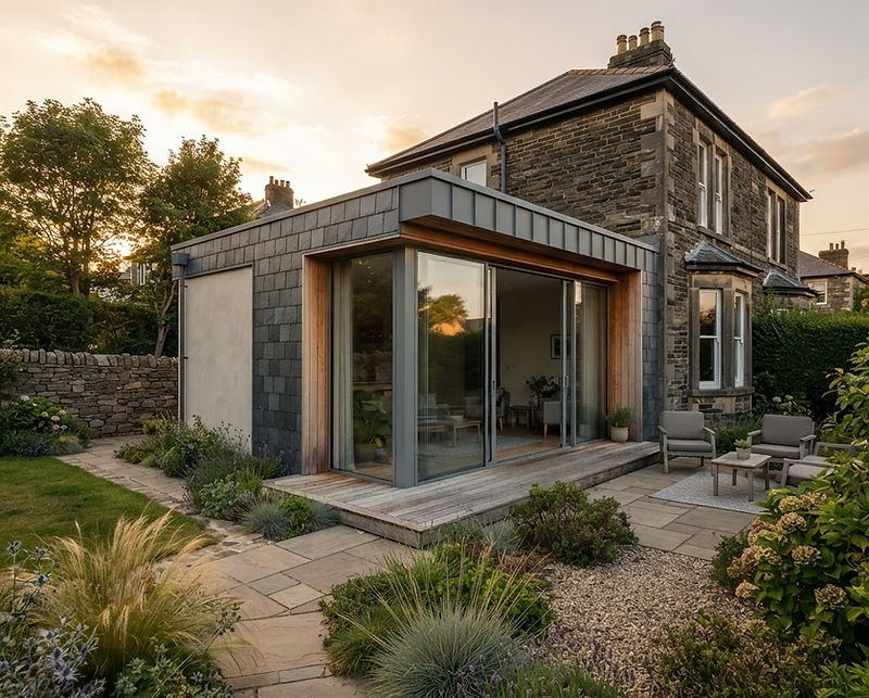 Rear extension to a Victorian house in Penarth at golden hour
