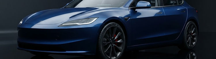 Illustrative render of a blue electric compact sedan in a dark studio