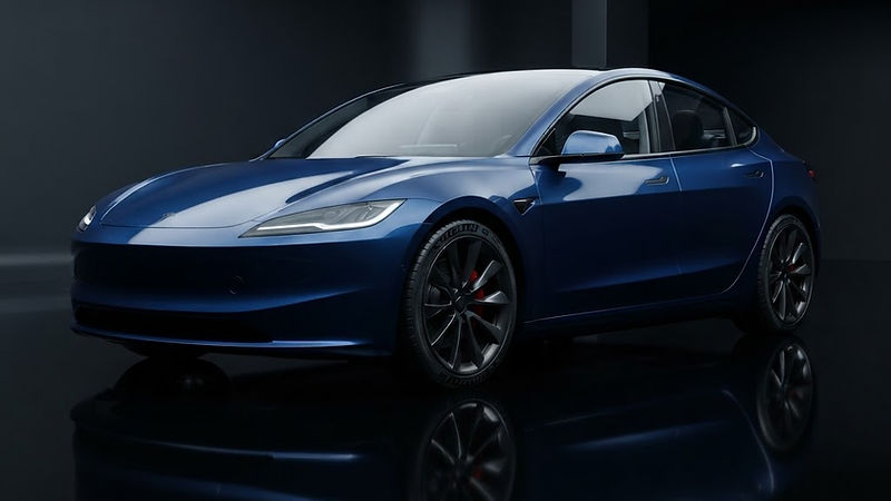 Illustrative render of a blue electric compact sedan in a dark studio