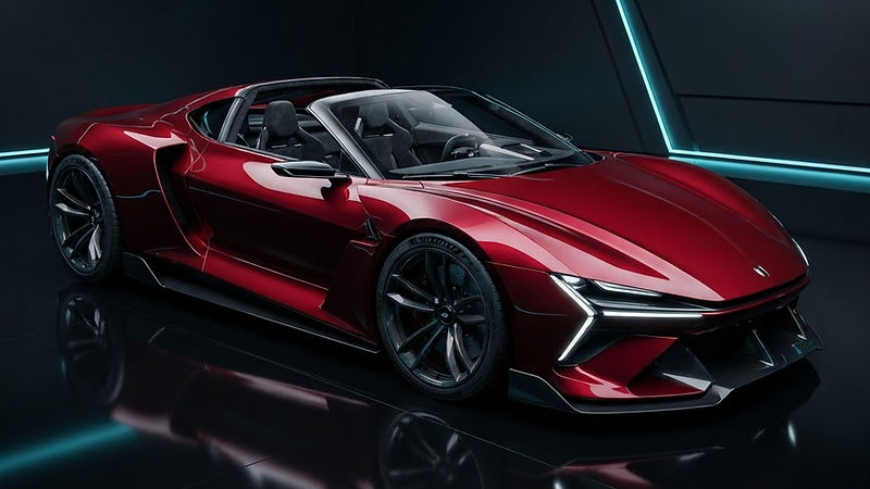Illustrative render of a crimson electric hypercar with a removable roof in a dark studio