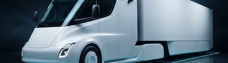 Illustrative render of a white electric Class 8 semi truck in a dark studio