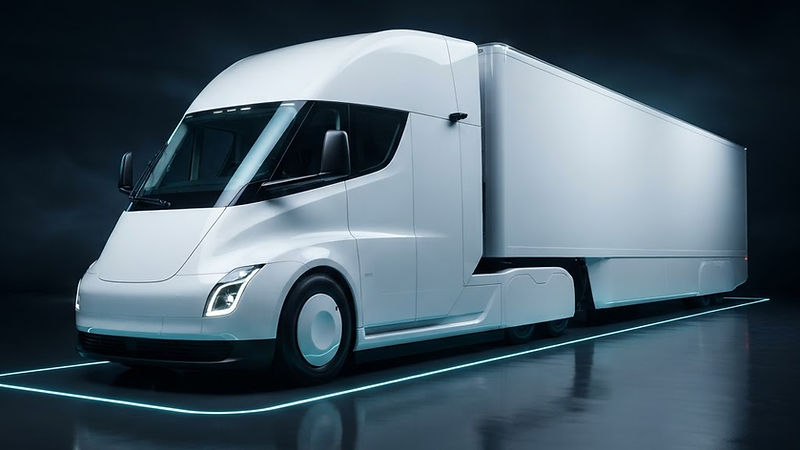 Illustrative render of a white electric Class 8 semi truck in a dark studio