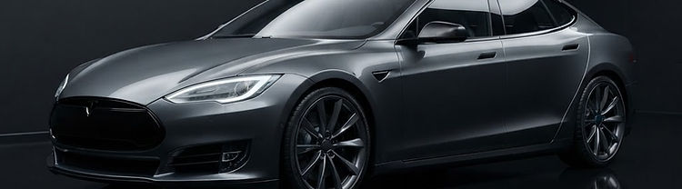 Illustrative render of a dark grey electric luxury fastback sedan in a dark studio