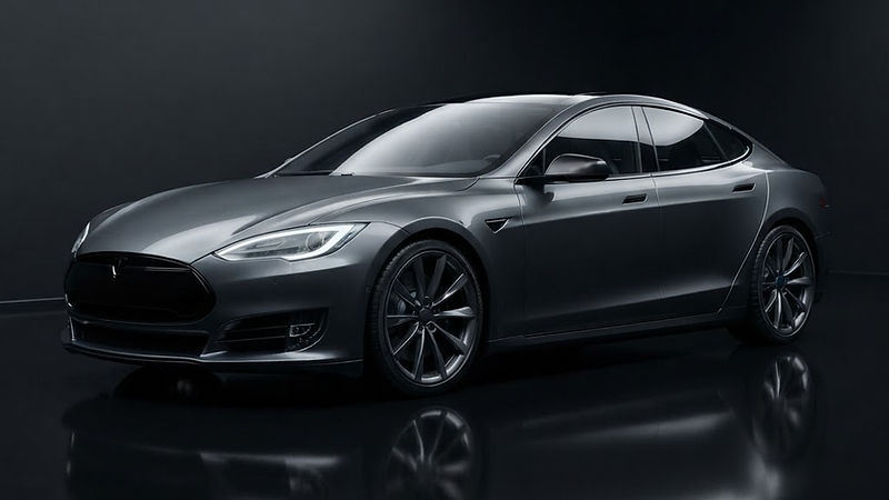 Illustrative render of a dark grey electric luxury fastback sedan in a dark studio