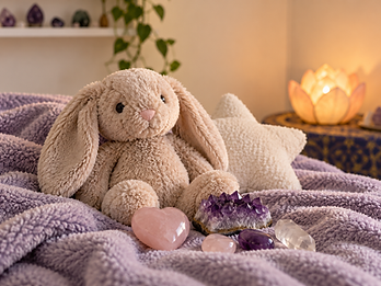 A soft plush bunny resting beside a pink heart-shaped crystal, amethyst and clear quartz on a purple blanket.