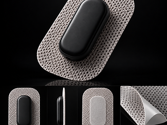 Four ultra-thin KINETIQ patches in sand, mocha, skin tone and black, each seated with a WHOOP 5.0 sensor