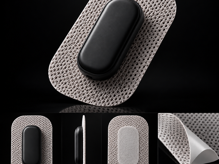 Four ultra-thin KINETIQ patches in sand, mocha, skin tone and black