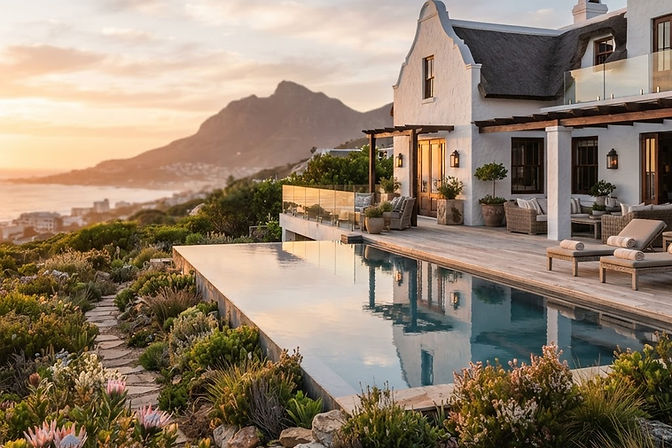Luxury South African villa with an infinity pool and fynbos garden at golden hour