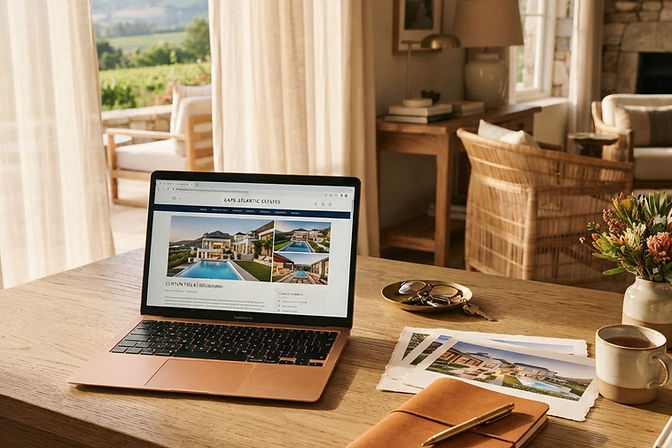 Workspace in a luxury villa with a laptop showing a property website, printed photographs and a notebook in golden morning light