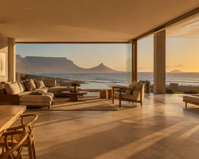 Minimalist villa interior with warm oak and stone floor opening to the ocean at golden hour