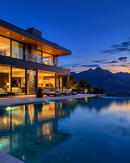 Modern architectural home glowing from within at dusk beside an infinity pool