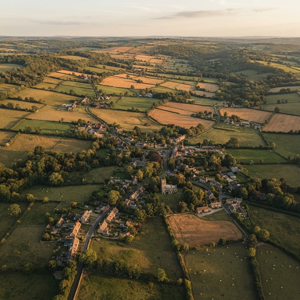 Aerial view of English countryside and development land