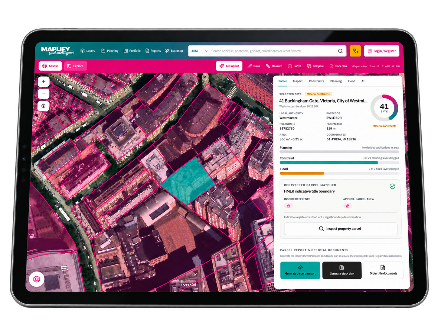 Maplify land intelligence on iPad — planning constraints, flood risk and ownership data