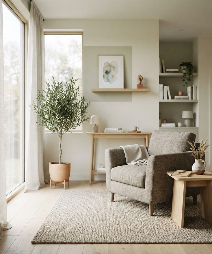 A quiet, sunlit consultation room with a soft armchair and greenery