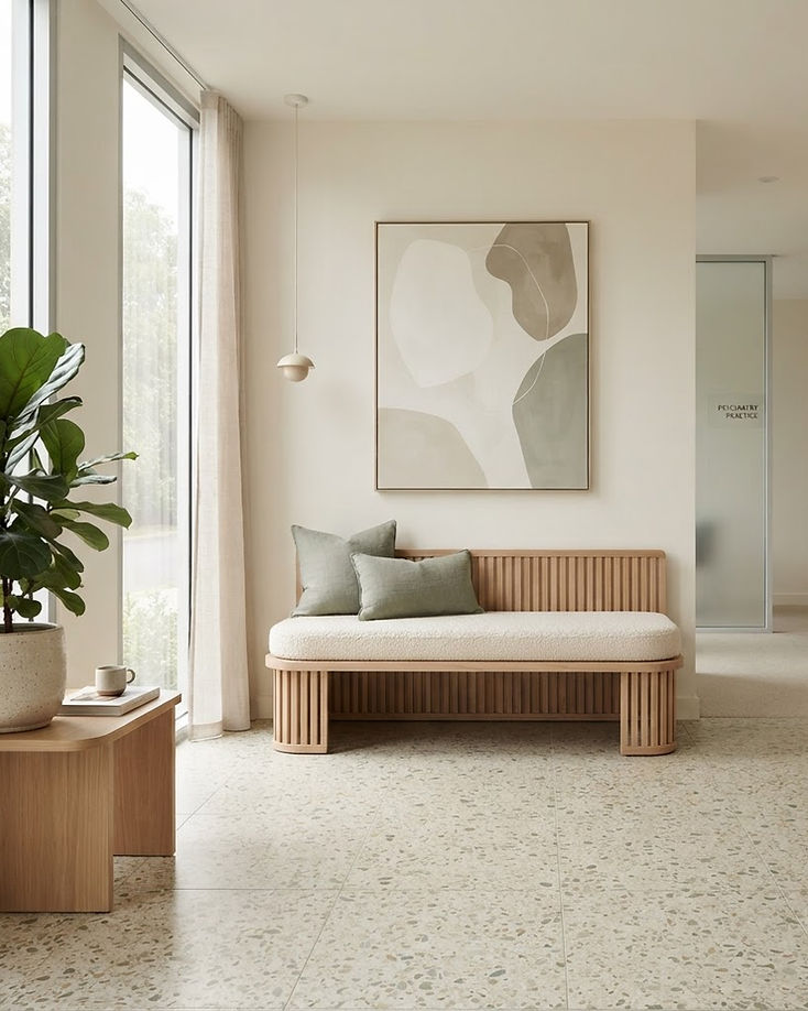 A calm, softly lit psychiatric office with comfortable seating