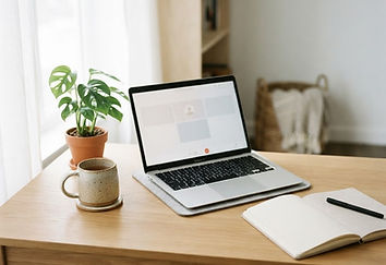 A laptop and a cup of tea on a sunlit table, ready for a video appointment