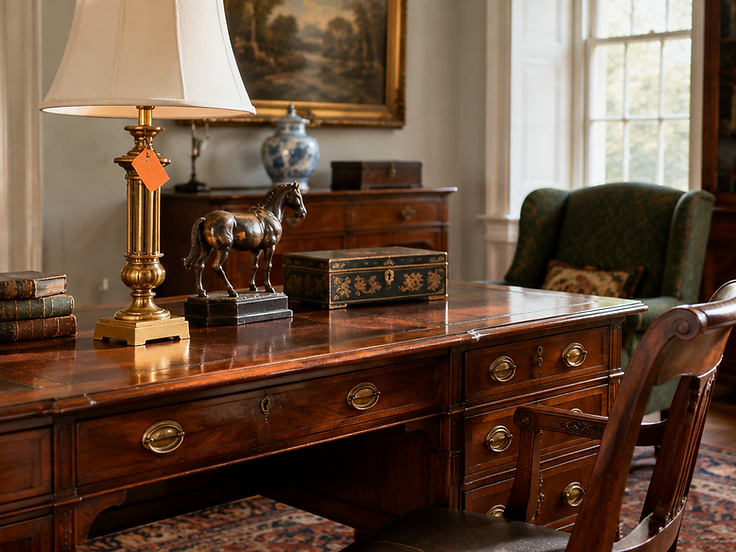 Antique furniture staged for an estate auction