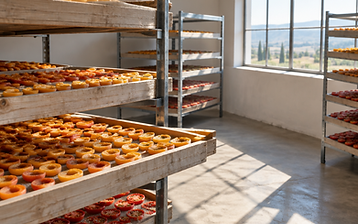 Trays of sliced produce drying in a sunlit processing room