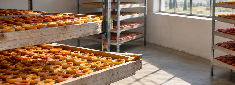 Trays of sliced produce drying in a sunlit processing room
