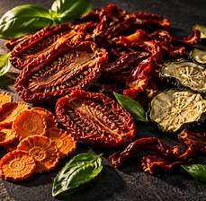 Dried tomatoes, peppers, carrots and zucchini on a dark slate