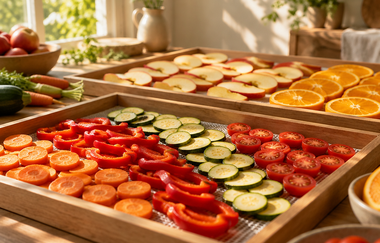 Sliced vegetables and fruit laid out on wooden drying trays in the sun
