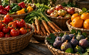 Baskets of freshly harvested fruit and vegetables in warm light