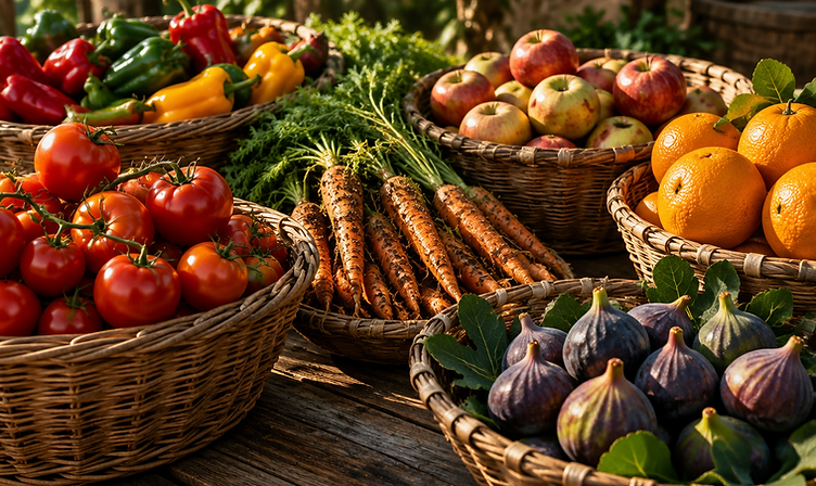 Baskets of freshly harvested fruit and vegetables in warm light