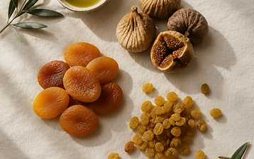 Dried figs, apricots and raisins arranged on a cream linen cloth