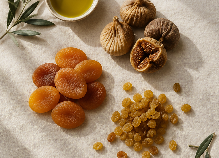 Dried figs, apricots and raisins arranged on a cream linen cloth