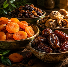 Dried apricots, dates, figs and raisins in ceramic bowls
