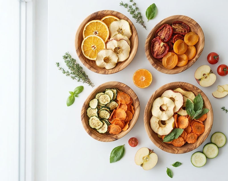 Fresh and dried fruits and vegetables arranged together in warm sunlight