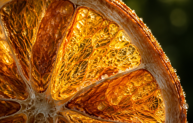 Macro view of a drying orange slice backlit by the sun