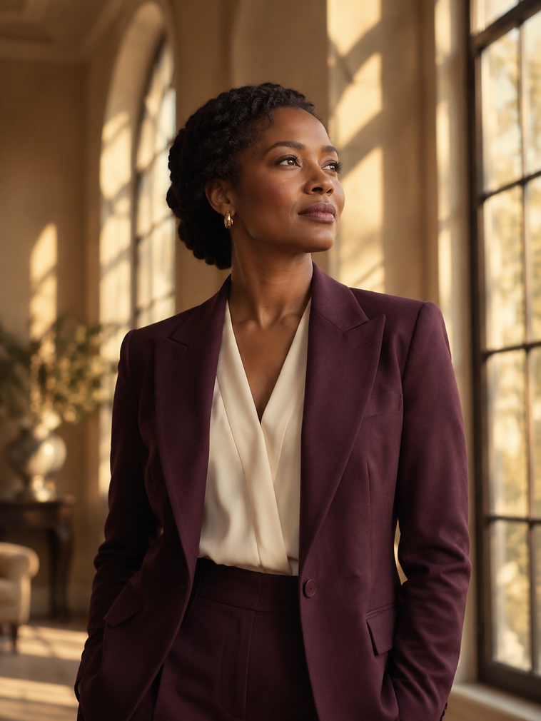 A poised woman standing in a sunlit arched room, prepared and confident