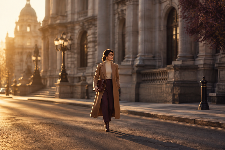 A woman walking purposefully on a city street in golden hour light
