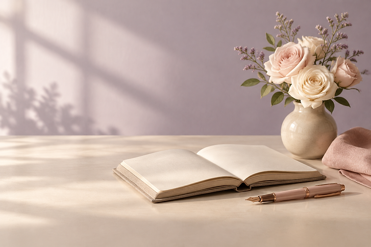 An open journal, pen, and pale roses on a warm cream desk in morning light