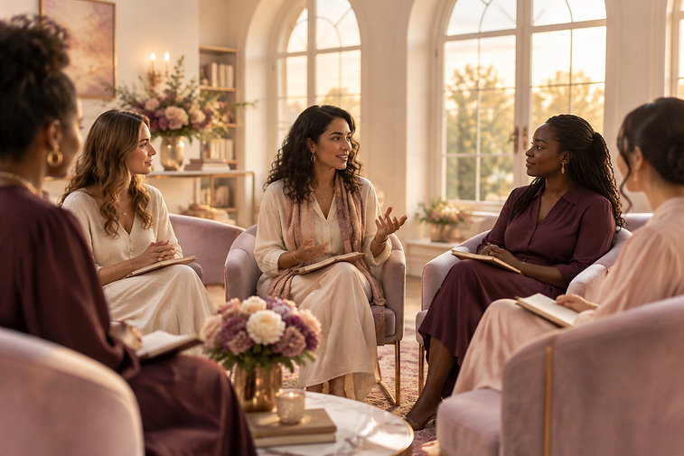 Women seated together in a bright room, learning and in conversation