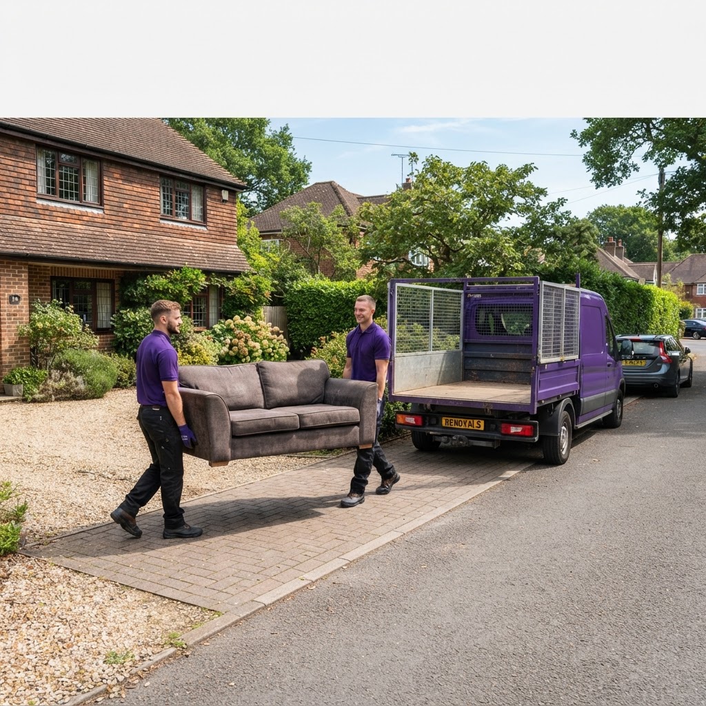 Sutton Waste Clearance Pricing | Sutton & Surrey Two Sutton Waste operatives in purple uniforms carrying a sofa together to a purple caged tipper van in Sutton