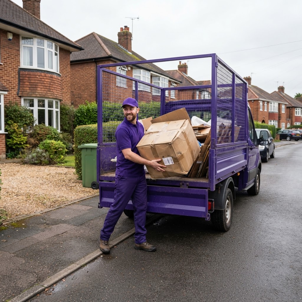 Sutton Waste team loading rubbish into a van outside a property in Sutton
