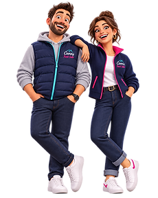 Illustration of two friendly Canny Fast Sale specialists in branded navy jackets