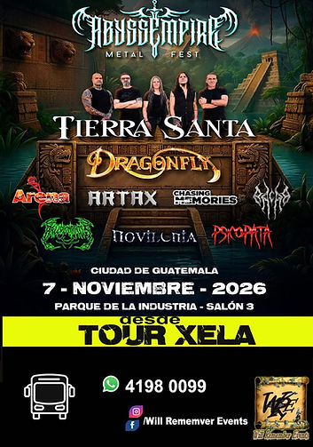 Afiche del tour desde Xela al Abyss Empire Metal Fest 2026 con la alineación completa del festival